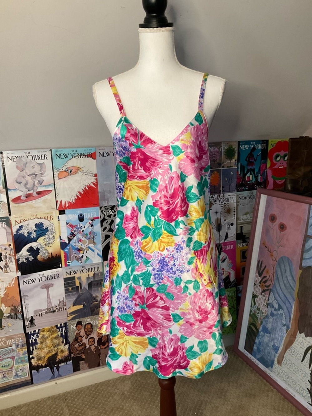 Frederick's of Hollywood Floral Low-Back Slip Dress in Pink, Yellow & Green
